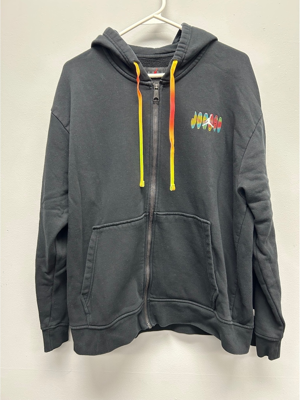 Nike Jordan Black Full Zip Hoodie with Colorful Logo and Drawstrings
